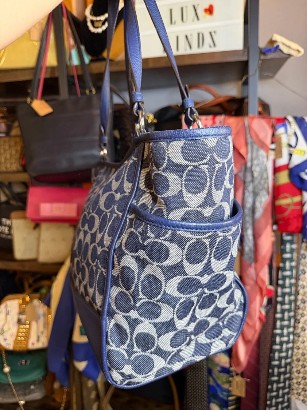Coach Park Carrie Navy Denim Signature Canvas Tote with Blue Leather Trim